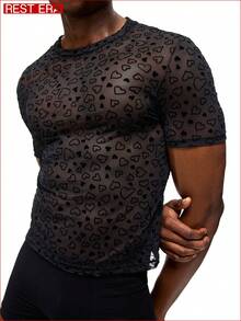 Men's Fashionable Sexy Heart Print Sheer Short Sleeve Base Layer Top, Summer - Multicolor - View 1