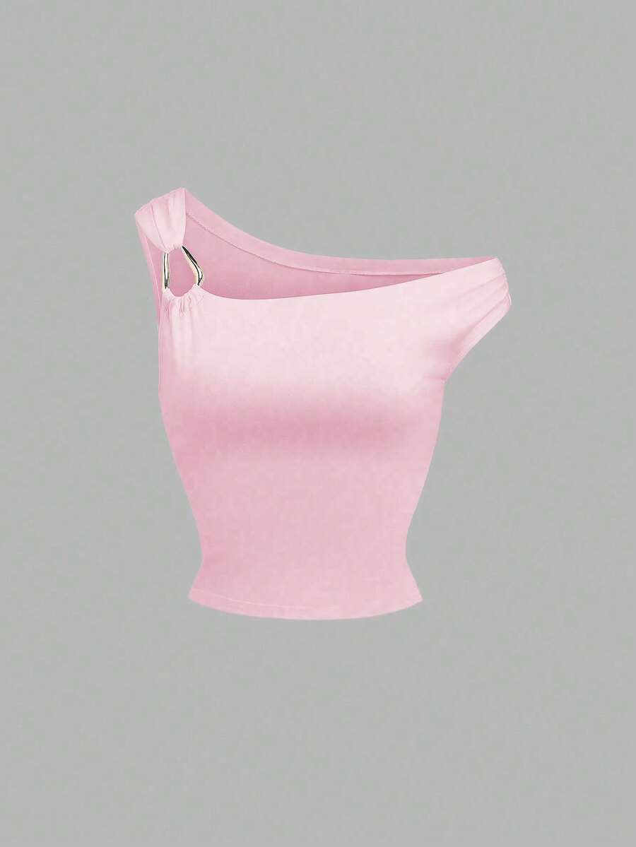 Sweetra Camiseta ajustada y versátil con cuello asimétrico, para primavera/verano - Rosa Pálido - Ver 1