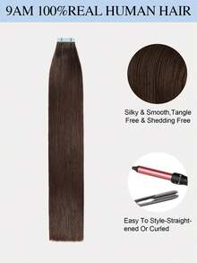 20pcs Straight Tape In 100% Human Hair Extension For Salon Silky Seamless Invisible Natural Dark Brown For Thin Hair Woman Dark Brown Color Tape In Hair Tape Ins Hair Extensions Long Lasting Hair Flower Hair Clip - S2 - View 12