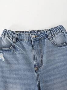SHEIN 女童百搭休闲宽松直筒水洗牛仔裤，舒适百搭，适合所有季节 - 淺色水洗藍 - 查看 7