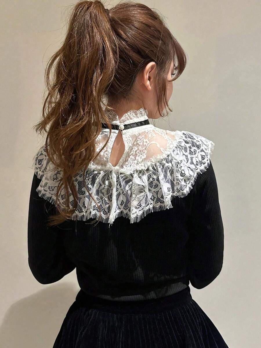 FRIFUL 女士蕾丝拼接撞色蝴蝶结罗纹修身长袖T恤 - 黑色 - 查看 1