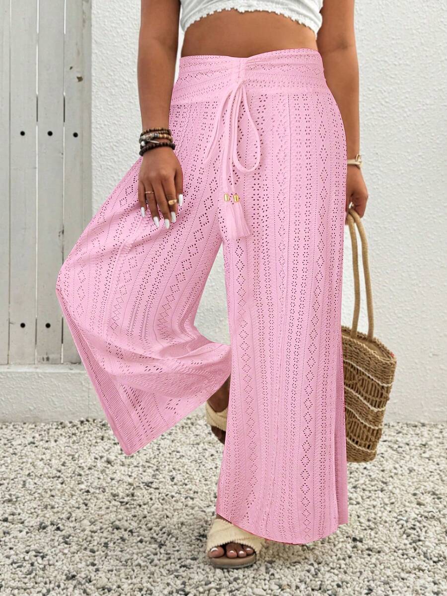 SHEIN Clasi Quần ống rộng màu hồng khoét rỗng, thêu họa tiết, chất liệu jacquard, cạp chun, xếp ly, xẻ tà bên hông, thích hợp cho kỳ nghỉ. - Hồng - Xem 1