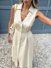 SHEIN Frenchy Vestido midi sin mangas de unicolor con nudo delantero, adecuado para vacaciones de verano - Albaricoque - Ver 5