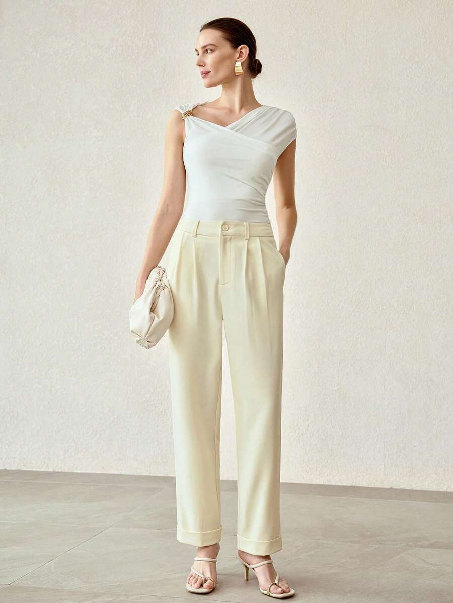 MOTF PREMIUM 女士高腰锥形裤，春夏新款休闲西装裤 - 卡其色 - 查看 1