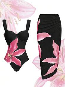 Swim Oasis 大码女士印花吊带连体泳衣，带沙滩裙，适合夏季海滩度假 - 彩色 - 查看 1