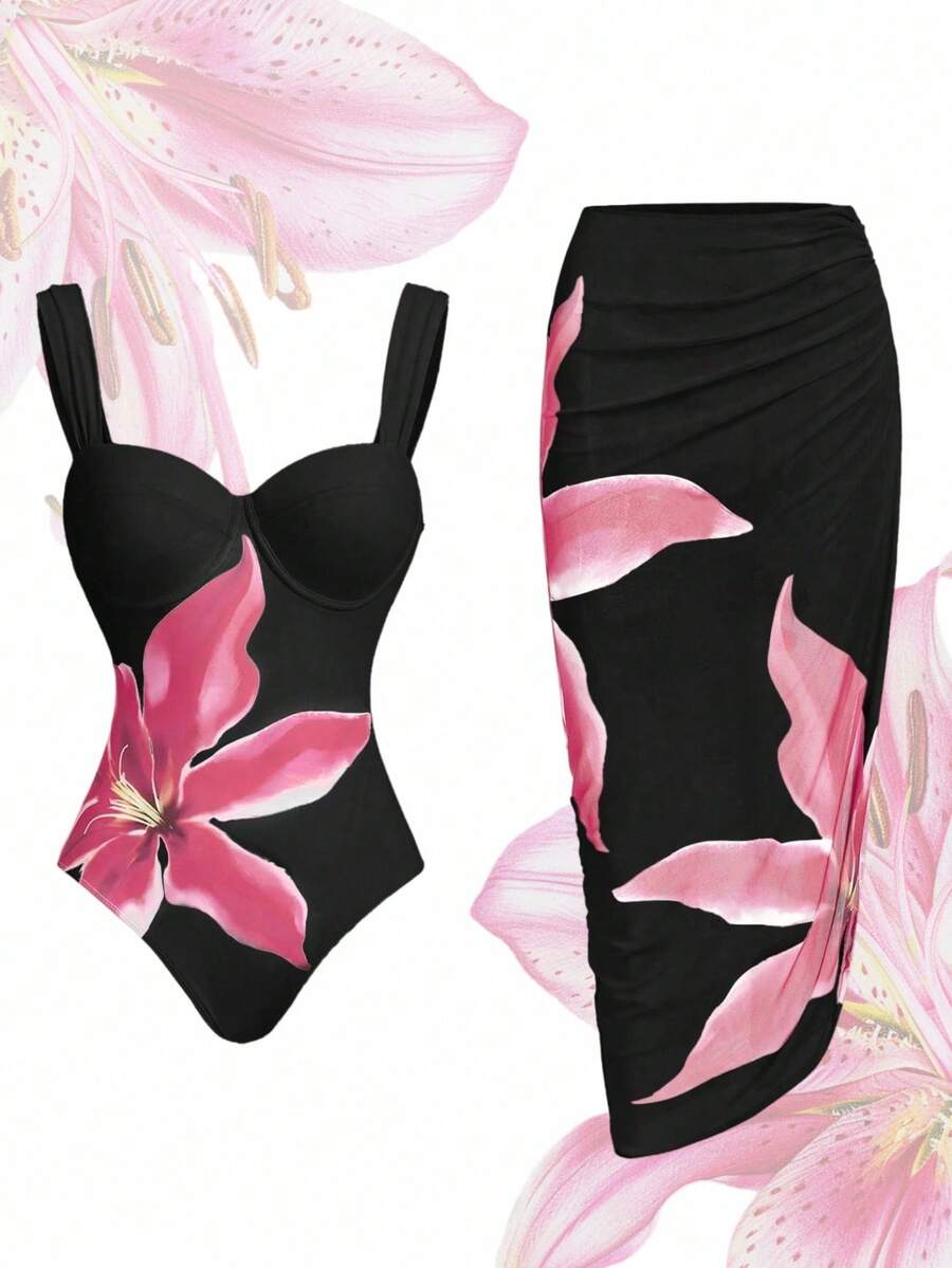 Swim Oasis 大码女士印花吊带连体泳衣，带沙滩裙，适合夏季海滩度假 - 彩色 - 查看 1