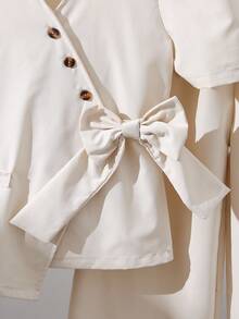 SHEIN 2pcs/Set Girls' Puff Sleeve Top With Oblique Button And Pleated Hem, Paired With Straight Leg Wide Pants Suit - Khaki - View 4