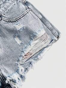 ROMWE Fairycore 复古花卉刺绣做旧牛仔短裤 - 藍色 - 查看 3