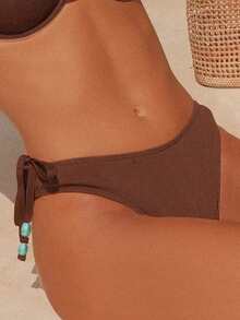 Swim Chiccia Women Solid Side Tie Beaded Waist Bikini Bottom - Coffee Brown - View 6