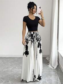 Selianne Women's Elegant Casual Pleated Design Black & White Pants, Spring/Autumn - Black and White - View 6
