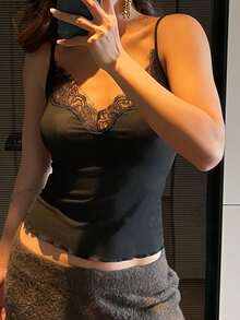 DAZY Lace Patchwork Camisole With Built-In Padded Bra, Women's Undershirt - Black - View 8