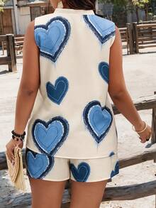 SHEIN LUNE Bộ đồ 2 món gồm áo tank top và quần short kiểu dáng thường ngày họa tiết trái tim, phù hợp cho kỳ nghỉ, cỡ lớn. - Nhiều màu - Xem 2