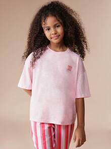 SUMWON 鲜榨果汁图案短袖T恤和条纹阔腿裤套装，夏季休闲装 - 粉色 - 查看 3