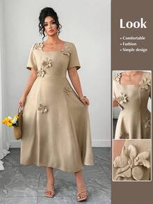 SHEIN Elenzya Đầm midi nữ cỡ lớn, màu trơn, cổ vuông, tay ngắn, họa tiết hoa 3D, thanh lịch và độc đáo, thích hợp mặc hàng ngày và đi làm. - Màu be - Xem 1