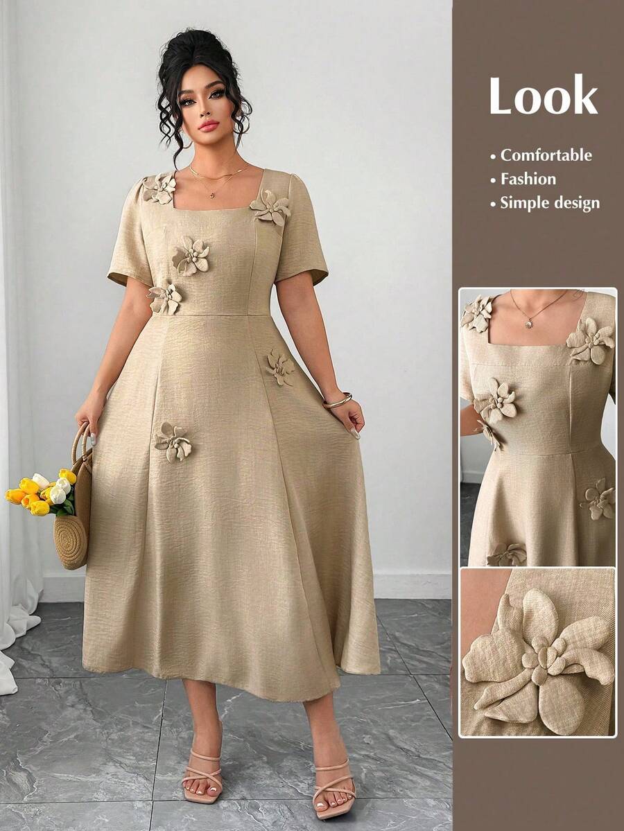 SHEIN Elenzya Đầm midi nữ cỡ lớn, màu trơn, cổ vuông, tay ngắn, họa tiết hoa 3D, thanh lịch và độc đáo, thích hợp mặc hàng ngày và đi làm. - Màu be - Xem 1