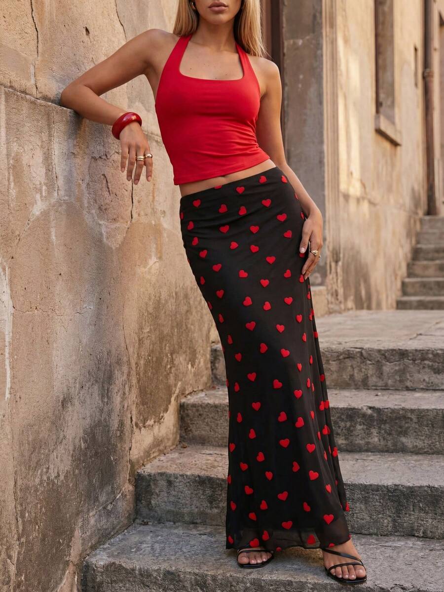 Opulessa Fustă elegantă de primăvară/vară pentru Ziua Îndrăgostiților, ziua de naștere, vacanță la plajă, pentru ieșiri în oraș, cu imprimeu roșu și inimă, tiv sirenă încrețit, primăvară-vară, Ziua Îndrăgostiților, costum de carnaval, fustă elegantă pentru petrecere, plajă, fustă pentru invitați la nuntă - Negru - Vizualizare 1