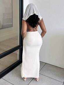 Alexandranx Deep Draped Neck Sleeveless Apricot Mesh Knit Bodycon Dress, Wedding Style,Fall Wedding Guest Dress - Apricot - View 3