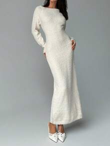Aloruh Noua casă pentru femei Ocazional Zilnic Guler cu umeri înclinați Linie de cuvinte Călduță, subțire, cu mâneci lungi, tricotate de pluș, rochii albe de pulover, toamnă/iarnă - alb - Vizualizare 7