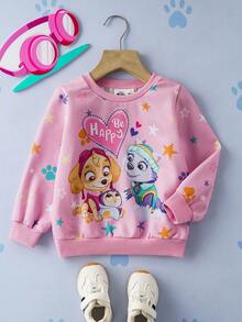 SHEIN | PAW Patrol Young Girl Cute Casual Puppy & Star Print Loose Fit Crew Neck Long Sleeve Knit Sweatshirt - Pink - View 2