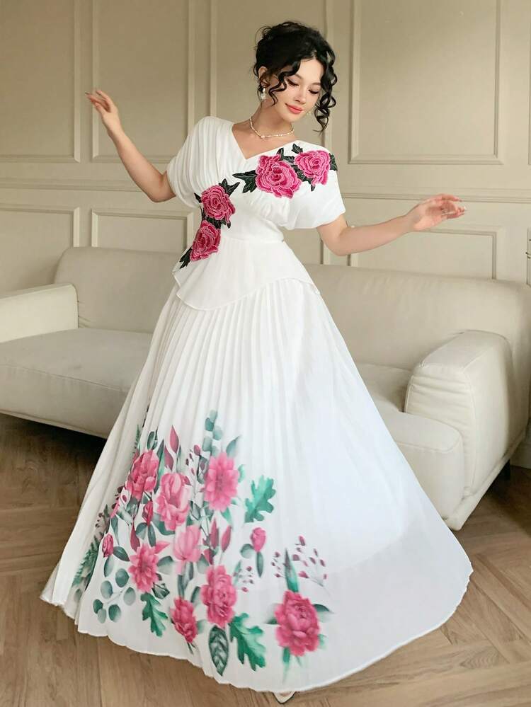 Spring & Summer White Floral Embroidery Decor Elegant Midi Dress, Fitted Silhouette, Flared Dress, Short Sleeve, Suitable For Valentine's Day, Wedding, Party, Formal Occasion Sundress