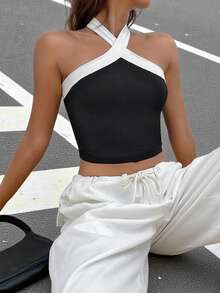 SHEIN EZwear Two Tone Crop Halter Top - Black and White - View 8