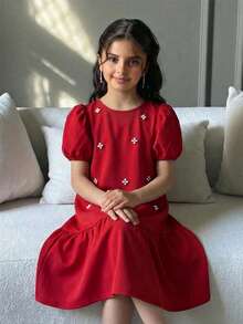 SHEIN Vestido de princesa elegante con cuello redondo, volantes y decoración de perlas para niña preadolescente, vestido de fiesta rojo adecuado para boda, fiesta de cumpleaños, regalo del Día de San Valentín, niñas - Rojo - Ver 3