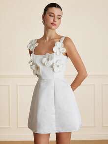 EMERY ROSE Váy ngắn không tay kiểu dáng thanh lịch cổ điển, thắt eo, đính đá hoa 3D, chất liệu satin, dáng phồng, ngọt ngào lãng mạn và gợi cảm dành cho nữ. - trắng - Xem 5