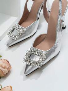 Ellevyn Fall/Winter 2025 Women's Fashionable Black High Heel Pointed Toe Rhinestone Bowknot Ankle Strap Sandals,Elegant,Women Pumps,Elegant,Party Outfits - Silver - View 5