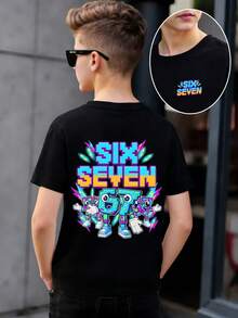 Boys' Casual Stylish Creative Personalized Refreshing High-End Simple Blocks Digits 67 Cartoon Character Lightning Bolt Slogan Graphic Print Comfortable Basic Short T-Shirt, Suitable For Spring, Summer, Fall