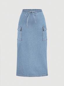 SHEIN MOD Plus Size Denim Maxi Skirt, Casual Utility Style, Elastic, Blue - Light Wash - View 1