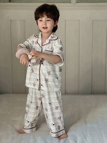 Dazy Kids 男童格子卡通印花短袖上衣和裤子睡衣套装