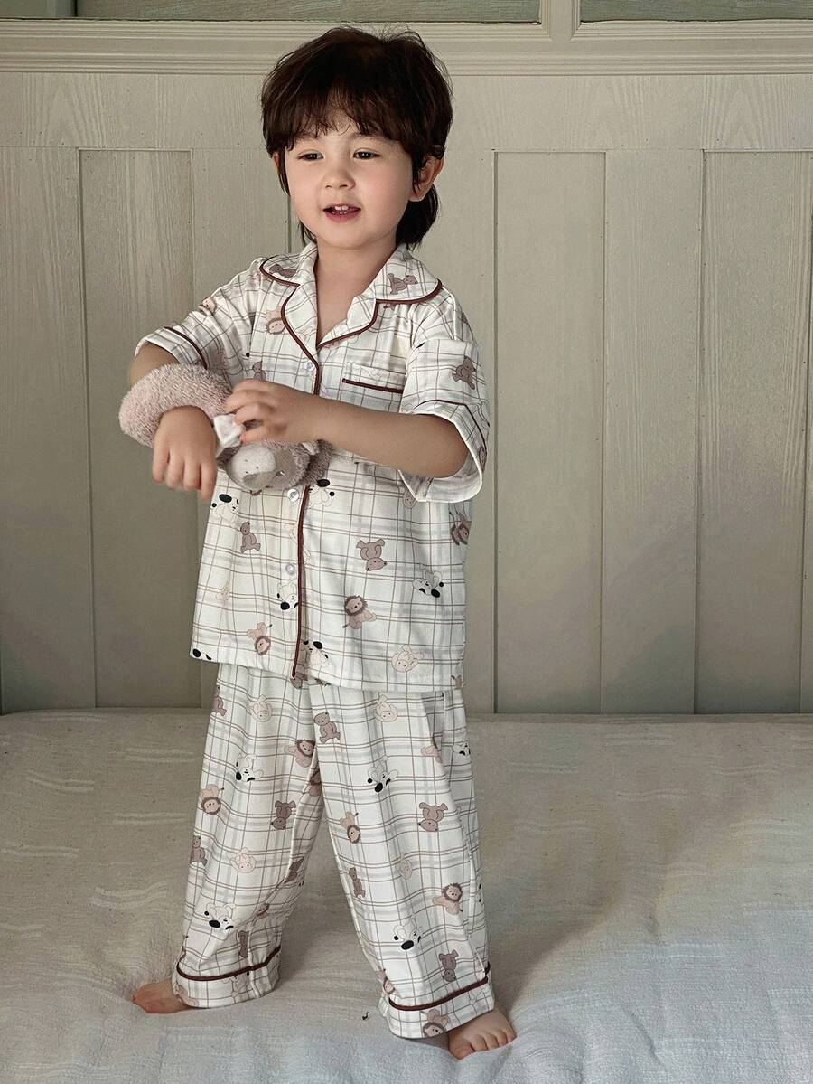 Dazy Kids 男童格子卡通印花短袖上衣和裤子睡衣套装