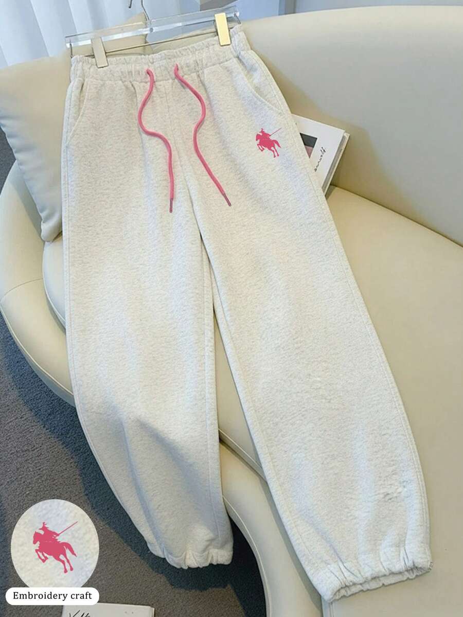 Resyla 女士骑士印花抽绳腰带口袋宽松休闲运动裤 - 淺灰色 - 查看 1