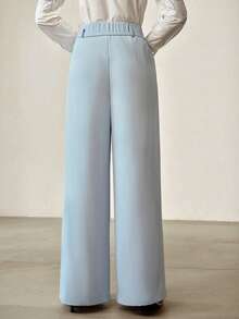 MOTF PREMIUM WOMEN'S SKY BLUE CASUAL FOLD PLEATED WIDE LEG PANTS - Blue - View 4