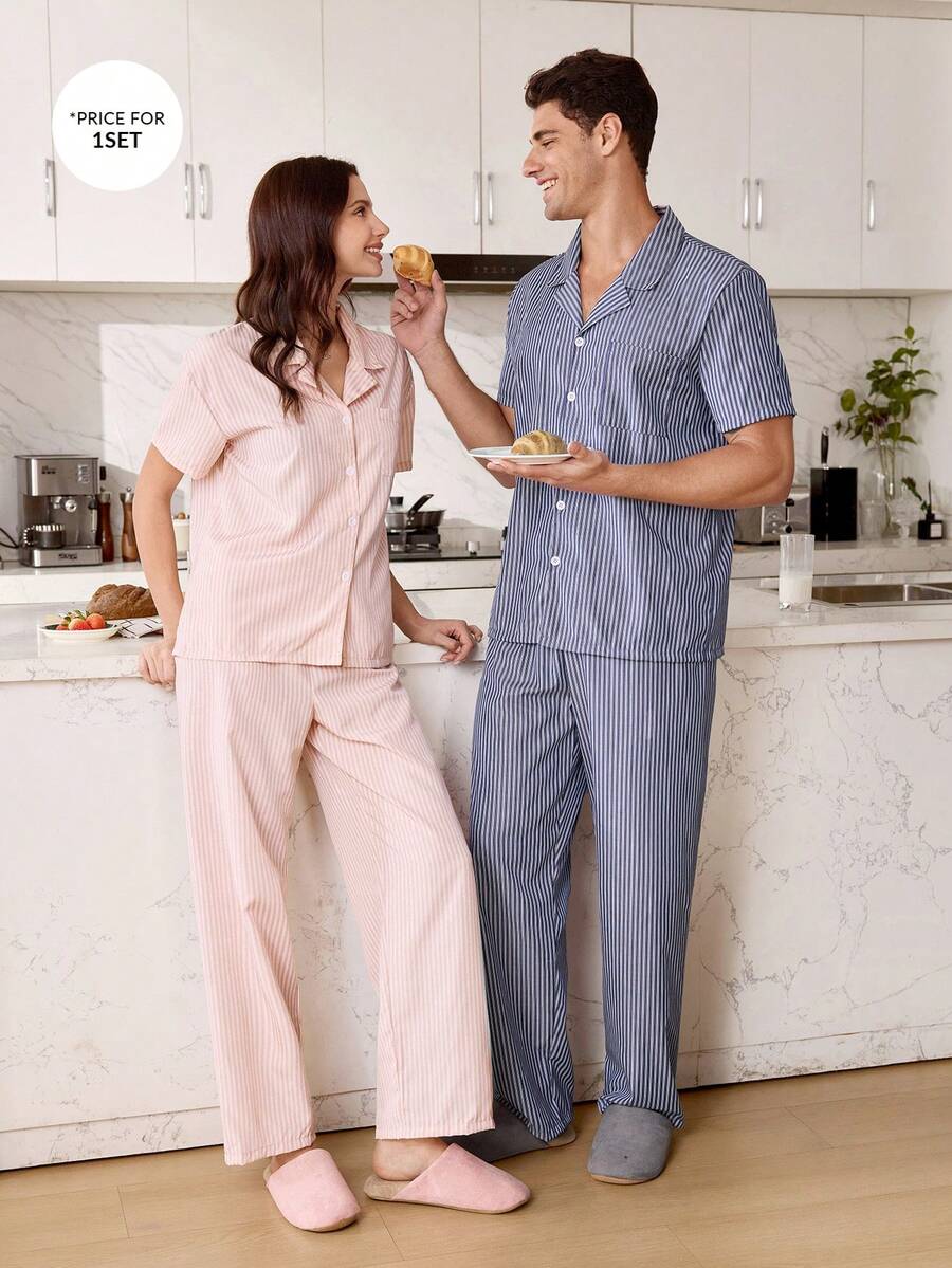 SHEIN Navy Blue Striped Print Lapel Casual Men's Pajama Set - Navy Blue - View 1
