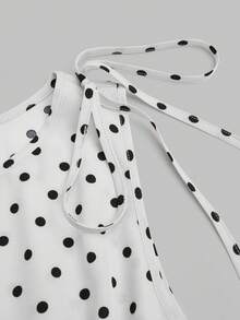 Sweetra Camiseta sin mangas con volantes en el bajo y lazos en los hombros con estampado de lunares para tallas grandes - Blanco - Ver 4