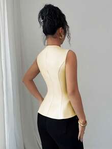 Elenzga 女士新款优雅荷叶边领A字无袖衬衫，适合通勤、度假、约会、外出、花园、家庭聚会、劳动节、节假日、独立日、返校季、教师节、万圣节、感恩节等场合。 - 黃色 - 查看 2