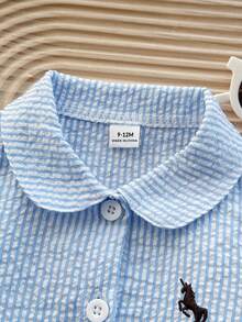 SHEIN Playful Pals 女婴休闲时尚学院风条纹泡泡袖衬衫裙，适合春夏外出和日常穿着，学校风格 - 藍色 - 查看 5