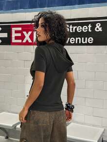 StreetHx Petite Women's Fashionable Pink Printed Hooded Short Sleeve Sweatshirt - Black - View 4