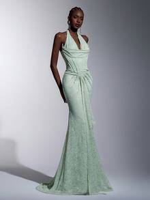 Elitara Elegant Mint Green Lace Halter Mermaid Tail Formal Evening Gown - Mint Green - View 7
