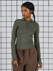 COUREZ Long Sleeve Quarter Zip Top / Y2K Spring Clothes For Women Cute Green Tops Going Out Back To School Outfits Summer Tops Summer Outfits - Army Green - View 2