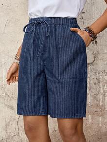 EMERY ROSE Mature Denim Quần short denim kẻ sọc, cạp chun, có túi, kiểu dáng thường ngày. - Màu xanh lam - Xem 4