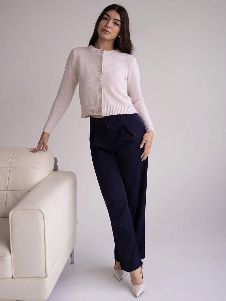 Andrea Bello 女士优雅简约百搭开衫 - 米色 - 查看 1