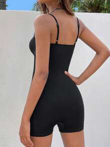 SHEIN EZwear Đơn vị Nữ Lộ Lưng màu trơn - màu đen - Xem 2