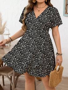 Vestido envolvente con volantes y cuello en V casual y de moda para vacaciones - Negro - Ver 6