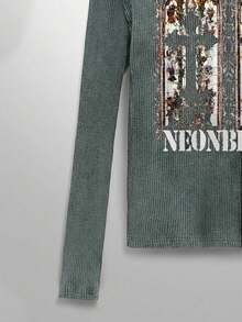 NEON BLANC Men's Crew Neck Ribbed Letter & Butterfly Print Casual Everyday Long Sleeve T-Shirt - Dark Green - View 4