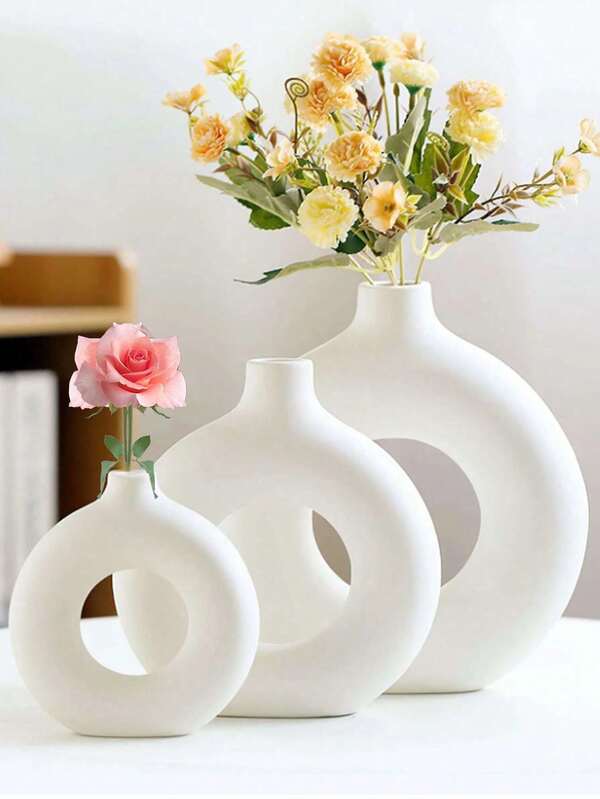 1 White Plastic Creative Vase, Modern Round Resin Flowerpot, Home Decor Indoor Flower Container Pot For Home Decoration, Suitable For Hotels, Bedrooms, Living Rooms, Gardens, Lawns, Bouquets, Green Plants, Dried Flowers, Nursery Pots, Ideal For Tabletop Decoration, Fresh Or Dried Flowers, Weddings And Parties