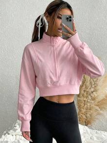 SHEIN EZwear Áo sweatshirt dài tay dáng lửng màu hồng có khóa kéo phía trước dành cho nữ, trang phục thường ngày thoải mái, áo dài tay, hoàn hảo cho mùa tốt nghiệp, mùa tựu trường, lễ tốt nghiệp, trang phục giáo viên nữ, một món đồ không thể thiếu cho mùa tựu trường xuân hè. - Hồng - Xem 5