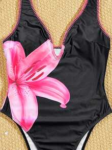 Swim SXY Floral Print Deep V Neck Tie Front Contrast Trim One Piece Swimsuit For Women, Elegant Beach Bikini - Multicolor - View 3