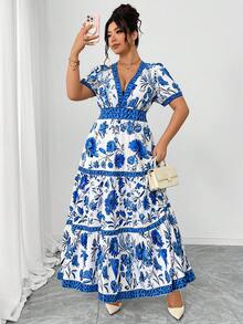 SHEIN Elenzya Đầm maxi dáng chữ A tay phồng ngắn, xếp ly, in hoa, cỡ lớn, thanh lịch cho các buổi đi chơi, hẹn hò, tiệc tùng, trà chiều, kỳ nghỉ. - Nhiều màu - Xem 3